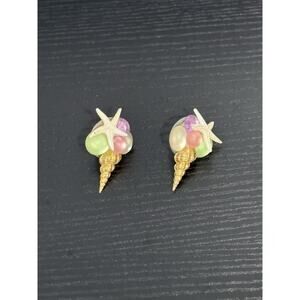 Vintage Gold Toned Seashell Starfish Pastel Beads Clip-On Earrings